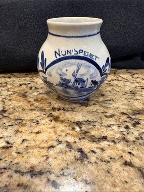 Delft Hand Painted Signed Blue & White Ceramic Windmill Vase, Dutch Decor
